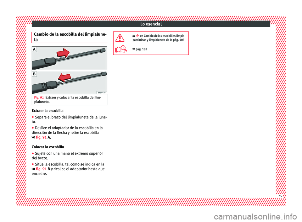 Seat Arona 2017 Manual de instrucciones (in Spanish) Lo esencial
Cambio de la escobilla del limpialune-
t a Fig. 91
Extraer y colocar la escobilla del lim-
pi alu
net
a. Extraer la escobilla
● Separe el brazo del limpialuneta de la lune-
t a.
● De
Seat Arona 2017 Manual de instrucciones (in Spanish) Lo esencial
Cambio de la escobilla del limpialune-
t a Fig. 91
Extraer y colocar la escobilla del lim-
pi alu
net
a. Extraer la escobilla
● Separe el brazo del limpialuneta de la lune-
t a.
● De