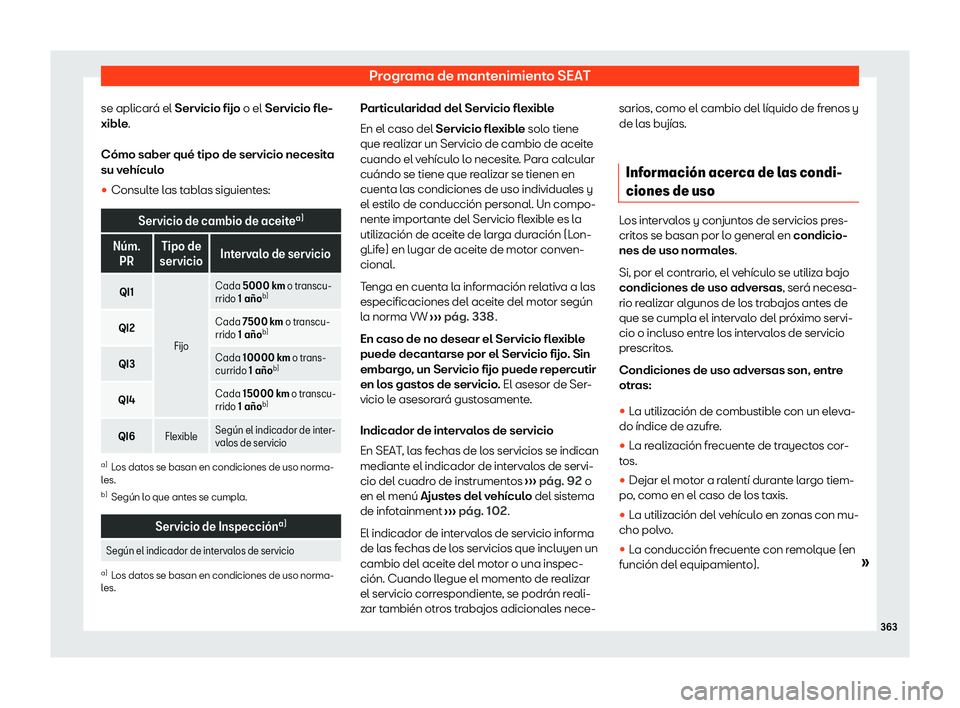 Seat Ateca 2020  Manual de instrucciones (in Spanish) Programa de mantenimiento SEAT
se aplicará el Servicio fijo o el Servicio fl e-
xibl e.
Cómo saber qué tipo de servicio necesita
su vehículo
