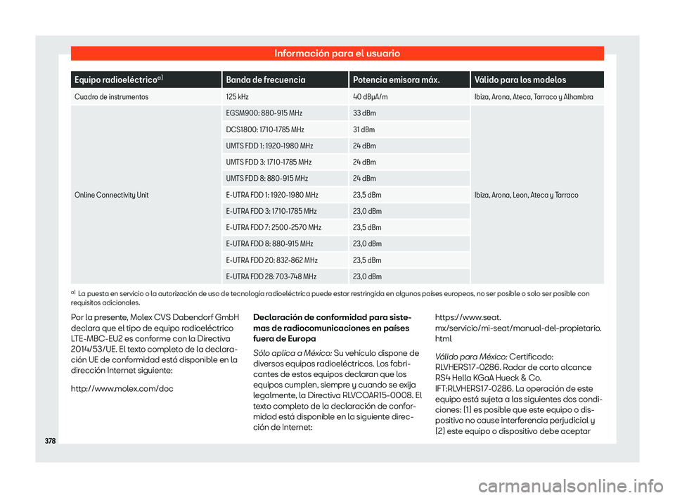 Seat Ateca 2020  Manual de instrucciones (in Spanish) Información para el usuario
Equipo radioel