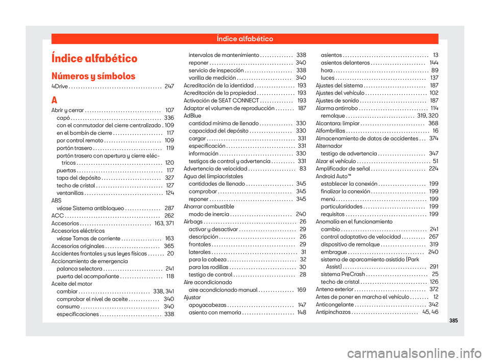 Seat Ateca 2020  Manual de instrucciones (in Spanish) Índice alfabético
