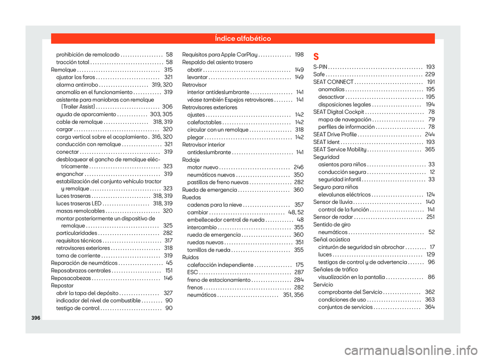 Seat Ateca 2020 Manual de instrucciones (in Spanish) Índice alfabético
prohibición de remolcado . . . . . . . . . . . . . . . . . . 58
tr acción t
otal . . . . . . . . . . . . . . . . . . . . . . . . . . . . . . . 58
Remolque . . . . . . . . . . . . Seat Ateca 2020 Manual de instrucciones (in Spanish) Índice alfabético
prohibición de remolcado . . . . . . . . . . . . . . . . . . 58
tr acción t
otal . . . . . . . . . . . . . . . . . . . . . . . . . . . . . . . 58
Remolque . . . . . . . . . . . .