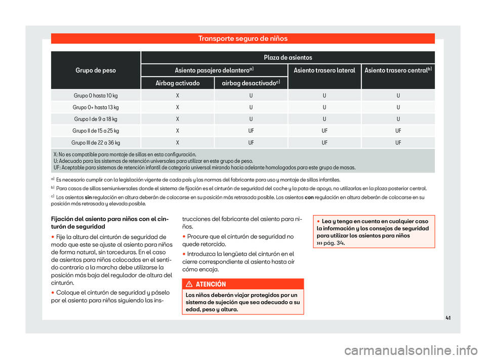 Seat Ateca 2019  Manual de instrucciones (in Spanish) Transporte seguro de ni