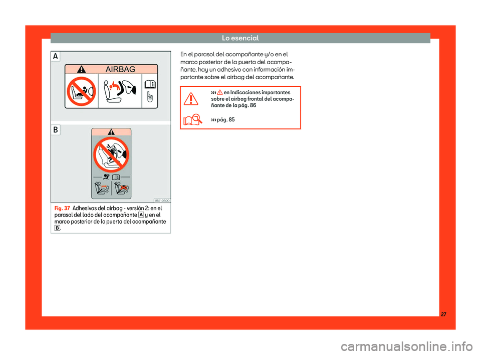 Seat Ateca 2018  Manual de instrucciones (in Spanish) Lo esencial
Fig. 37
Adhesivos del airbag - versi
