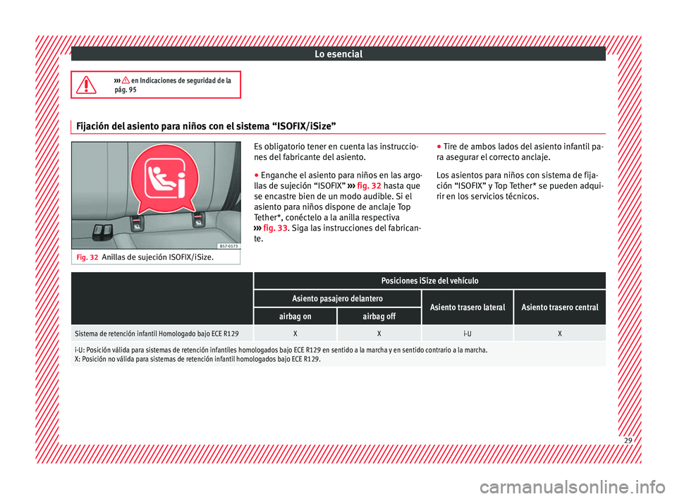 Seat Ateca 2017 Manual de instrucciones (in Spanish) Lo esencial
››› en Indicaciones de seguridad de la
pág. 95 Fijación del asiento para niños con el sistema “ISOFIX/iSize”
Fig. 32
Anillas de sujeción ISOFIX/iSize. Es obligatorio tene Seat Ateca 2017 Manual de instrucciones (in Spanish) Lo esencial
››› en Indicaciones de seguridad de la
pág. 95 Fijación del asiento para niños con el sistema “ISOFIX/iSize”
Fig. 32
Anillas de sujeción ISOFIX/iSize. Es obligatorio tene