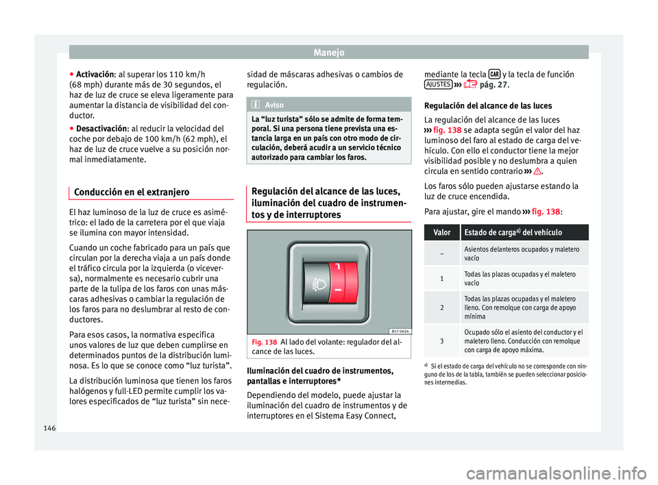 Seat Ateca 2016 Manual de instrucciones (in Spanish) Manejo
● Activ
ac
ión: al superar los 110 km/h
(68 mph) durante más de 30 segundos, el
haz de luz de cruce se eleva ligeramente para
aumentar la distancia de visibilidad del con-
ductor.
● Desac Seat Ateca 2016 Manual de instrucciones (in Spanish) Manejo
● Activ
ac
ión: al superar los 110 km/h
(68 mph) durante más de 30 segundos, el
haz de luz de cruce se eleva ligeramente para
aumentar la distancia de visibilidad del con-
ductor.
● Desac