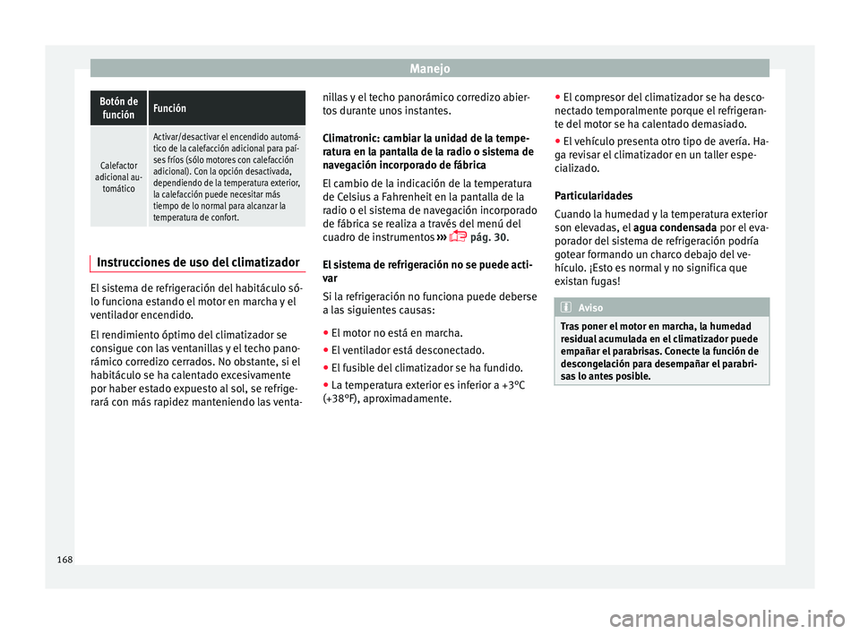 Seat Ateca 2016 Manual de instrucciones (in Spanish) ManejoBotón de
funciónFunción
Calefactor
adicional au- tomático
Activar/desactivar el encendido automá-
tico de la calefacción adicional para paí-
ses fríos (sólo motores con calefacción
adi Seat Ateca 2016 Manual de instrucciones (in Spanish) ManejoBotón de
funciónFunción
Calefactor
adicional au- tomático
Activar/desactivar el encendido automá-
tico de la calefacción adicional para paí-
ses fríos (sólo motores con calefacción
adi