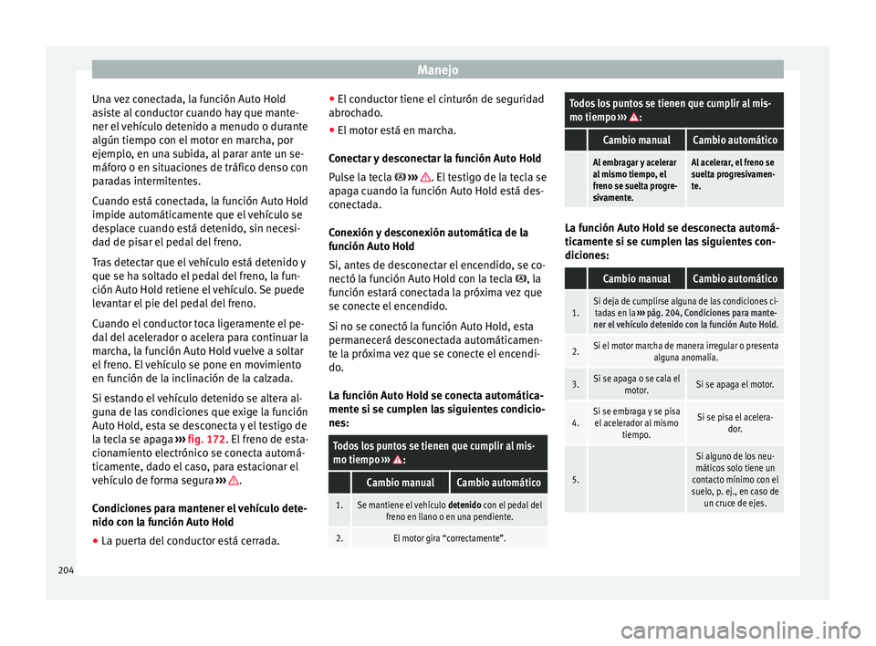Seat Ateca 2016  Manual de instrucciones (in Spanish) Manejo
Una vez conectada, la función Auto Hold
a s
i
ste al conductor cuando hay que mante-
ner el vehículo detenido a menudo o durante
algún tiempo con el motor en marcha, por
ejemplo, en una subi