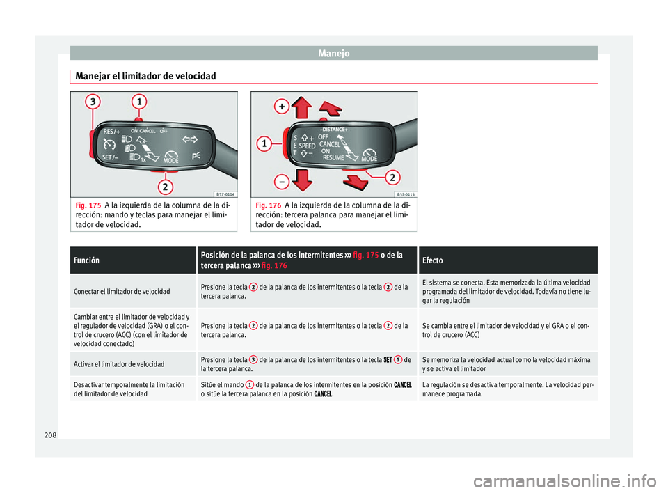 Seat Ateca 2016  Manual de instrucciones (in Spanish) Manejo
Manejar el limitador de velocidad Fig. 175
A la izquierda de la columna de la di-
rec c
ión: mando y teclas para manejar el limi-
tador de velocidad. Fig. 176
A la izquierda de la columna de l