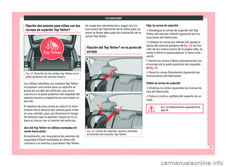 Seat Ateca 2016  Manual de instrucciones (in Spanish) Lo esencial
Fijación del asiento para niños con las
c orr
e
as de sujeción Top Tether* Fig. 32
Posición de las anillas Top Tether en la
p ar
t

e posterior del asiento trasero. Las sillitas infant