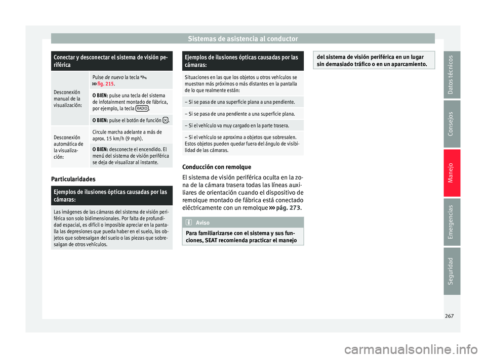 Seat Ateca 2016 Manual de instrucciones (in Spanish) Sistemas de asistencia al conductorConectar y desconectar el sistema de visión pe-
riférica
Desconexión
manual de la
visualización:
Pulse de nuevo la tecla ›››
fig. 215.
O BIEN: pulse un Seat Ateca 2016 Manual de instrucciones (in Spanish) Sistemas de asistencia al conductorConectar y desconectar el sistema de visión pe-
riférica
Desconexión
manual de la
visualización:
Pulse de nuevo la tecla ›››
fig. 215.
O BIEN: pulse un