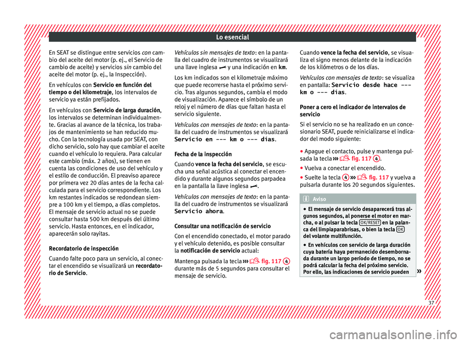 Seat Ateca 2016 Manual de instrucciones (in Spanish) Lo esencial
En SEAT se distingue entre servicios con
c am-
bio del aceite del motor (p. ej., el Servicio de
cambio de aceite) y servicios sin cambio del
aceite del motor (p. ej., la Inspección).
E Seat Ateca 2016 Manual de instrucciones (in Spanish) Lo esencial
En SEAT se distingue entre servicios con
c am-
bio del aceite del motor (p. ej., el Servicio de
cambio de aceite) y servicios sin cambio del
aceite del motor (p. ej., la Inspección).
E