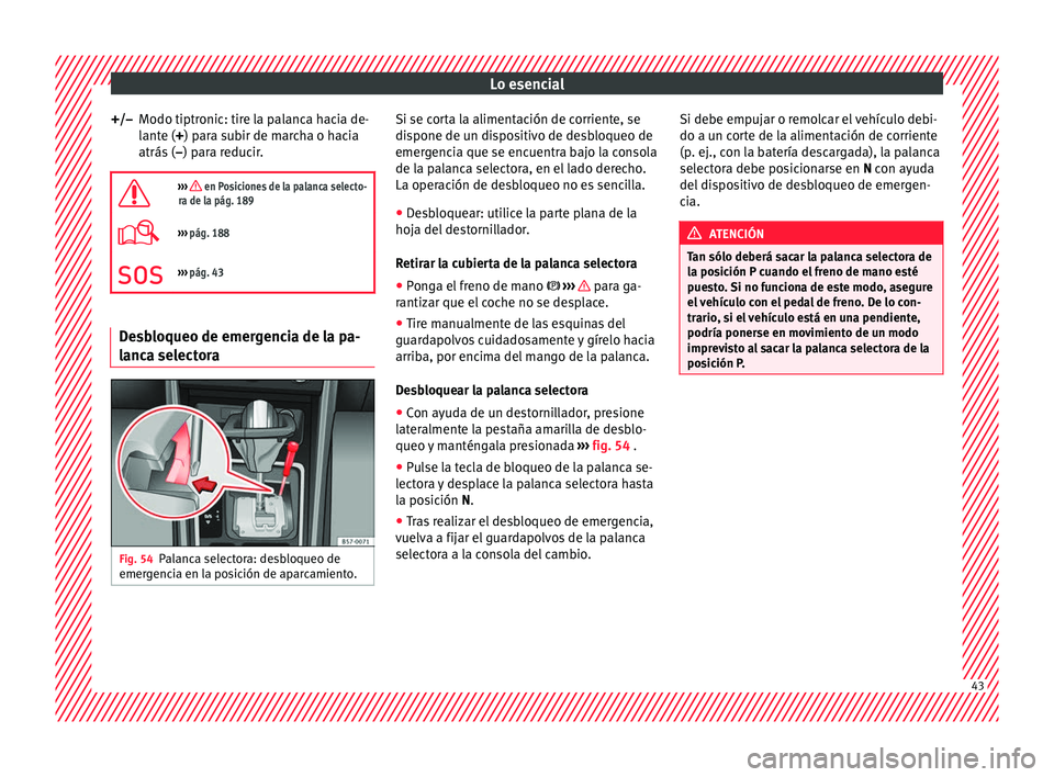 Seat Ateca 2016  Manual de instrucciones (in Spanish) Lo esencial
Modo tiptronic: tire la palanca hacia de-
l ant
e (
+) para subir de marcha o hacia
atrás ( –) para reducir.

›››  en Posiciones de la palanca selecto-
ra de la pág. 189
