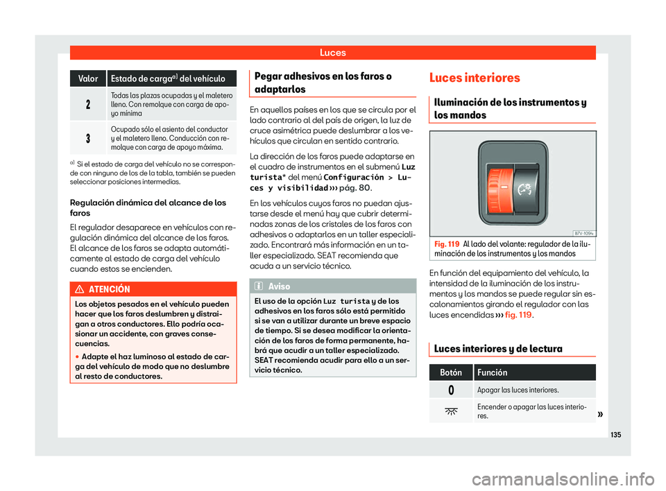 Seat Alhambra 2020  Manual de instrucciones (in Spanish) Luces
Valor Estado de carga
a)
 del v eh