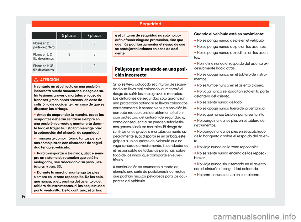 Seat Alhambra 2020  Manual de instrucciones (in Spanish) Seguridad
 
5 plazas 7 plazas
Plazas en la
part e del
antera 2
2
Plazas en la 2