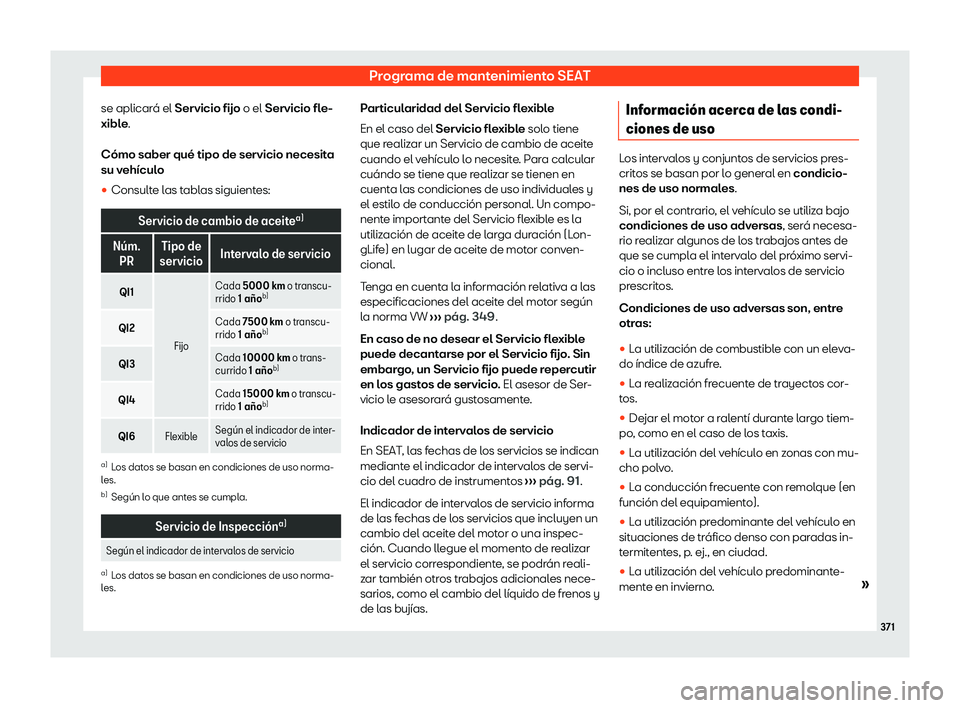 Seat Alhambra 2020  Manual de instrucciones (in Spanish) Programa de mantenimiento SEAT
se aplicará el Servicio fijo o el Servicio fl e-
xibl e.
Cómo saber qué tipo de servicio necesita
su vehículo
