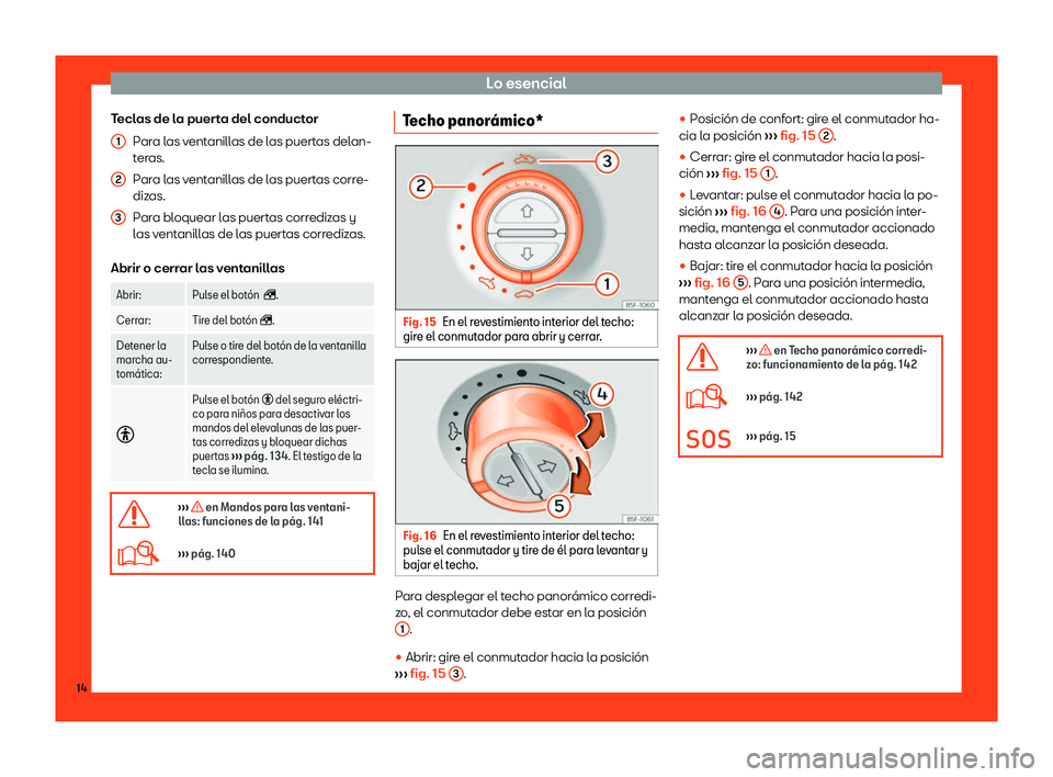 Seat Alhambra 2018  Manual de instrucciones (in Spanish) Lo esencial
Teclas de la puerta del conductor Par
a l
as ventanillas de las puertas delan-
teras.
Para las ventanillas de las puertas corre-
dizas.
Para bloquear las puertas corredizas y
las ventanill
