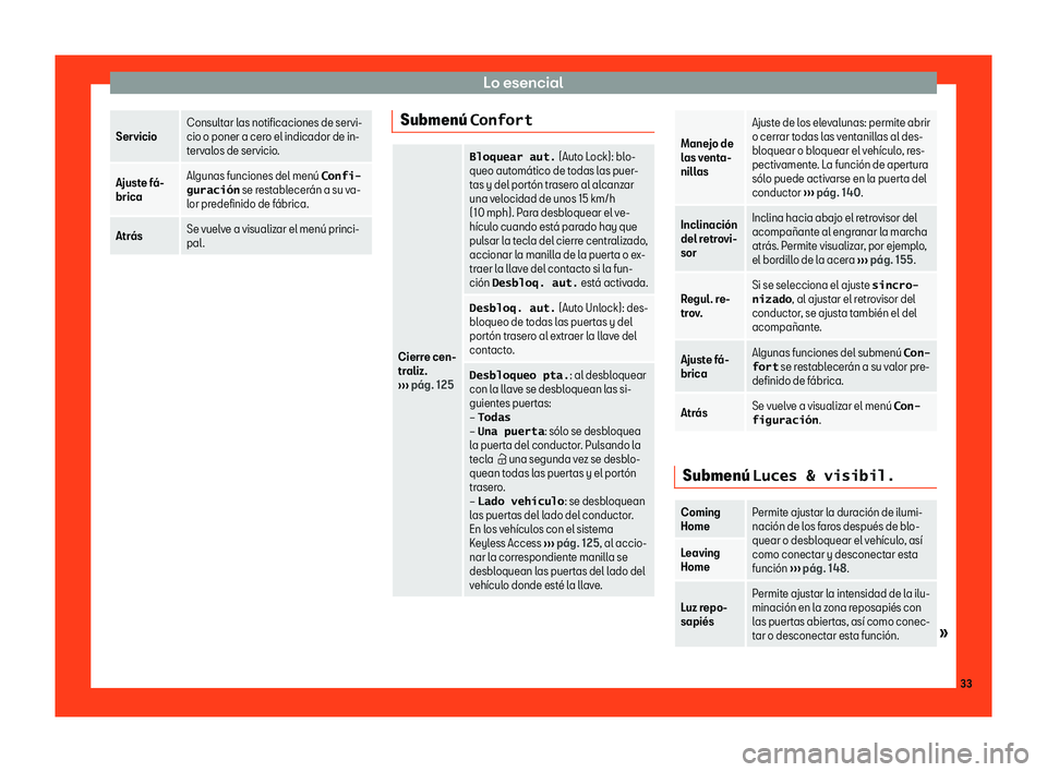 Seat Alhambra 2018  Manual de instrucciones (in Spanish) Lo esencial
Servicio
Consultar las notificaciones de servi-
cio o poner a cero el indicador de in-
t erv
alos de servicio.
Ajuste f