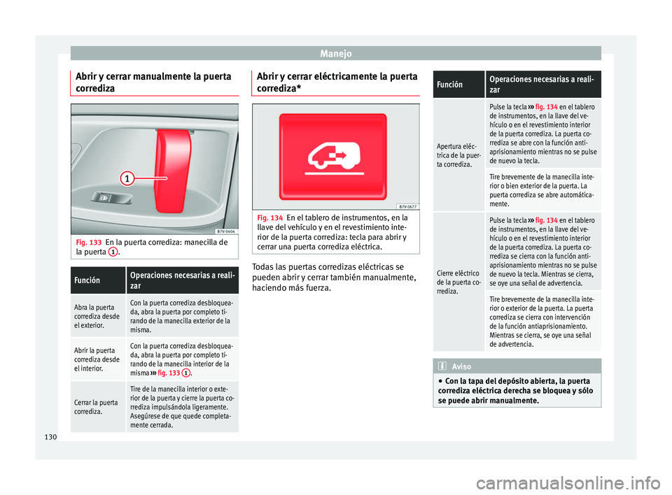 Seat Alhambra 2017 Manual de instrucciones (in Spanish) Manejo
Abrir y cerrar manualmente la puerta
c orr
ediz
a Fig. 133
En la puerta corrediza: manecilla de
l a p
uer
ta 1 .
FunciónOperaciones necesarias a reali-
zar
Abra la puerta
corrediza desde
el Seat Alhambra 2017 Manual de instrucciones (in Spanish) Manejo
Abrir y cerrar manualmente la puerta
c orr
ediz
a Fig. 133
En la puerta corrediza: manecilla de
l a p
uer
ta 1 .
FunciónOperaciones necesarias a reali-
zar
Abra la puerta
corrediza desde
el