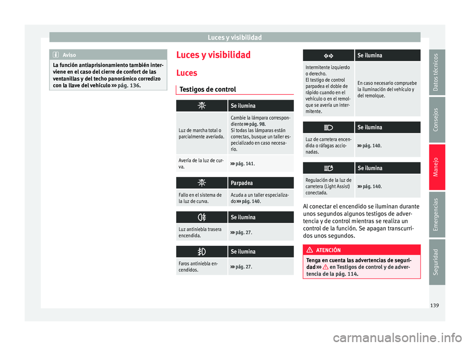 Seat Alhambra 2017 Manual de instrucciones (in Spanish) Luces y visibilidad
Aviso
La función antiaprisionamiento también inter-
viene en el c
aso del cierre de confort de las
ventanillas y del techo panorámico corredizo
con la llave del vehículo › Seat Alhambra 2017 Manual de instrucciones (in Spanish) Luces y visibilidad
Aviso
La función antiaprisionamiento también inter-
viene en el c
aso del cierre de confort de las
ventanillas y del techo panorámico corredizo
con la llave del vehículo ›