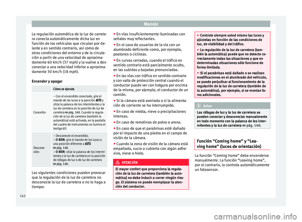 Seat Alhambra 2017 Manual de instrucciones (in Spanish) Manejo
La regulación automática de la luz de carrete-
r a c
onect
a automáticamente dicha luz en
función de los vehículos que circulan por de-
lante y en sentido contrario, así como de
otras con Seat Alhambra 2017 Manual de instrucciones (in Spanish) Manejo
La regulación automática de la luz de carrete-
r a c
onect
a automáticamente dicha luz en
función de los vehículos que circulan por de-
lante y en sentido contrario, así como de
otras con