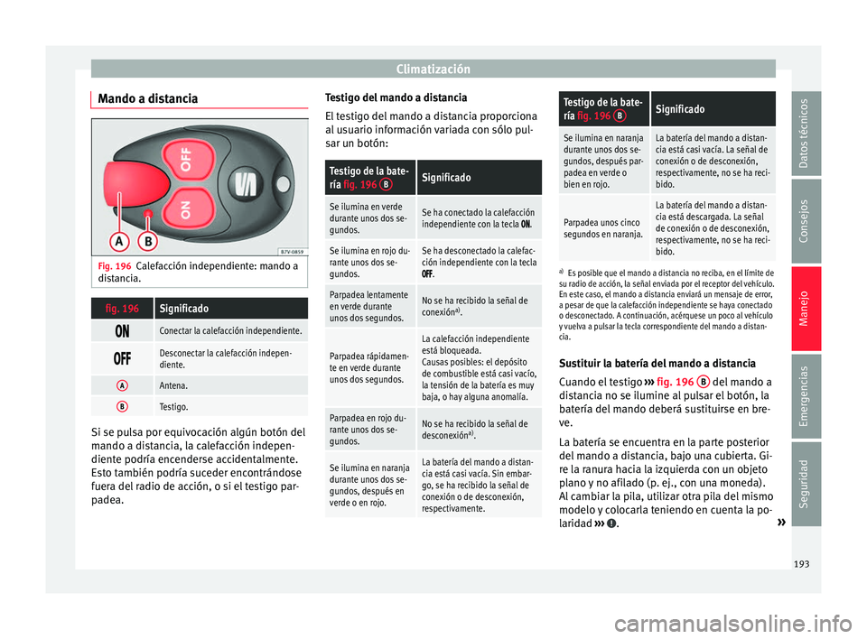 Seat Alhambra 2017 Manual de instrucciones (in Spanish) Climatización
Mando a distancia Fig. 196
Calefacción independiente: mando a
di s
t
ancia.
fig. 196Significado
Conectar la calefacción independiente.
Desconectar la calefacción ind Seat Alhambra 2017 Manual de instrucciones (in Spanish) Climatización
Mando a distancia Fig. 196
Calefacción independiente: mando a
di s
t
ancia.
fig. 196Significado
Conectar la calefacción independiente.
Desconectar la calefacción ind