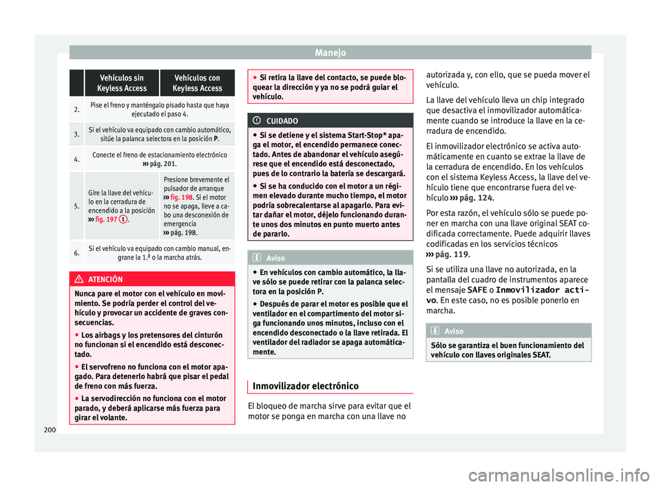 Seat Alhambra 2017 Manual de instrucciones (in Spanish) Manejo Vehículos sin
Keyless AccessVehículos con
Keyless Access
2.Pise el freno y manténgalo pisado hasta que haya ejecutado el paso 4.
3.Si el vehículo va equipado con cambio automático,sitúe l Seat Alhambra 2017 Manual de instrucciones (in Spanish) Manejo Vehículos sin
Keyless AccessVehículos con
Keyless Access
2.Pise el freno y manténgalo pisado hasta que haya ejecutado el paso 4.
3.Si el vehículo va equipado con cambio automático,sitúe l