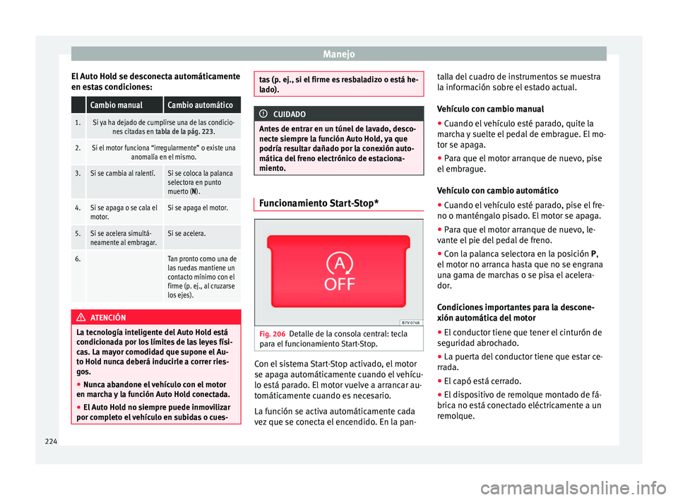 Seat Alhambra 2017 Manual de instrucciones (in Spanish) Manejo
El Auto Hold se desconecta automáticamente
en e s
t
as condiciones:
Cambio manualCambio automático
1.Si ya ha dejado de cumplirse una de las condicio-nes citadas en tabla de la pág. 223.
2 Seat Alhambra 2017 Manual de instrucciones (in Spanish) Manejo
El Auto Hold se desconecta automáticamente
en e s
t
as condiciones:
Cambio manualCambio automático
1.Si ya ha dejado de cumplirse una de las condicio-nes citadas en tabla de la pág. 223.
2