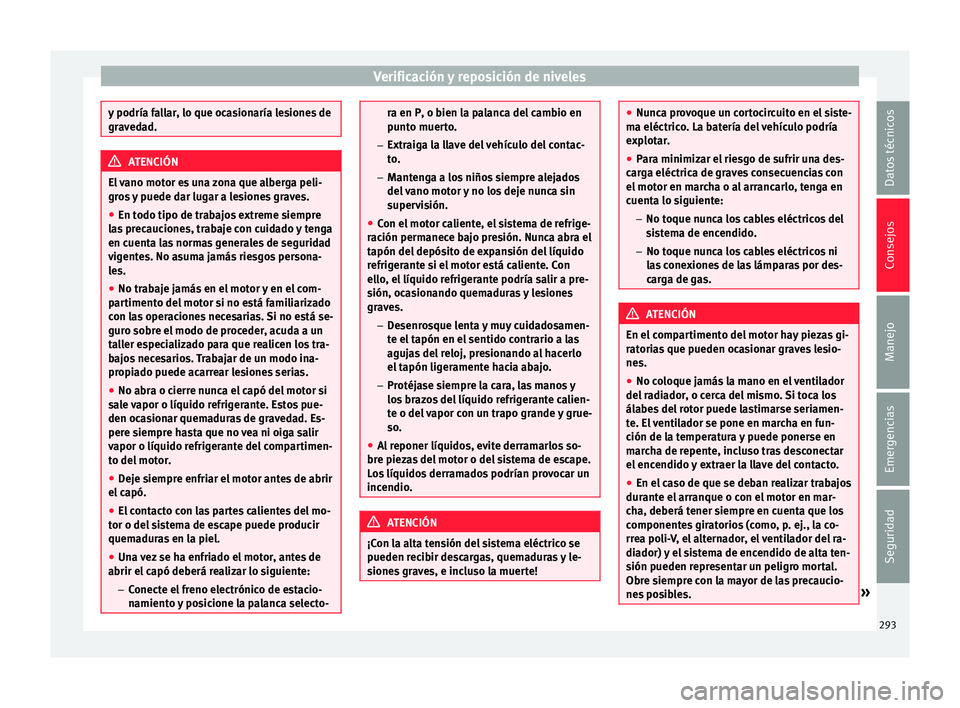 Seat Alhambra 2017 Manual de instrucciones (in Spanish) Verificación y reposición de niveles
y podría fallar, lo que ocasionaría lesiones de
grav
ed
ad. ATENCIÓN
El vano motor es una zona que alberga peli-
gr os
y puede dar lugar a lesiones graves.
Seat Alhambra 2017 Manual de instrucciones (in Spanish) Verificación y reposición de niveles
y podría fallar, lo que ocasionaría lesiones de
grav
ed
ad. ATENCIÓN
El vano motor es una zona que alberga peli-
gr os
y puede dar lugar a lesiones graves.