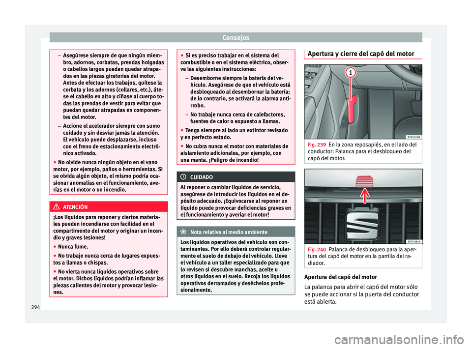 Seat Alhambra 2017 Manual de instrucciones (in Spanish) Consejos
–
Asegúr e
se siempre de que ningún miem-
bro, adornos, corbatas, prendas holgadas
o cabellos largos puedan quedar atrapa-
dos en las piezas giratorias del motor.
Antes de efectuar los tr Seat Alhambra 2017 Manual de instrucciones (in Spanish) Consejos
–
Asegúr e
se siempre de que ningún miem-
bro, adornos, corbatas, prendas holgadas
o cabellos largos puedan quedar atrapa-
dos en las piezas giratorias del motor.
Antes de efectuar los tr