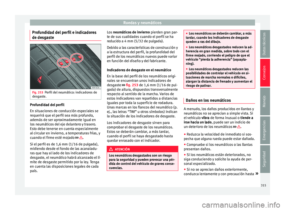 Seat Alhambra 2017 Manual de instrucciones (in Spanish) Ruedas y neumáticos
Profundidad del perfil e indicadores
de de sg
a
ste Fig. 253
Perfil del neumático: indicadores de
de sg
a
ste. Profundidad del perfil
En s
it
uac
iones de conducción especiale Seat Alhambra 2017 Manual de instrucciones (in Spanish) Ruedas y neumáticos
Profundidad del perfil e indicadores
de de sg
a
ste Fig. 253
Perfil del neumático: indicadores de
de sg
a
ste. Profundidad del perfil
En s
it
uac
iones de conducción especiale