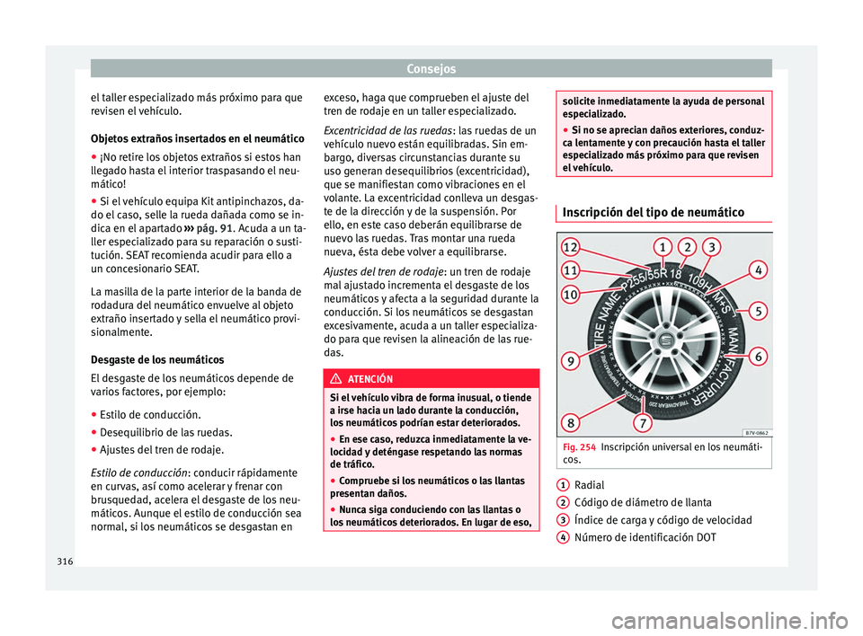Seat Alhambra 2017 Manual de instrucciones (in Spanish) Consejos
el taller especializado más próximo para que
r ev
i
sen el vehículo.
Objetos extraños insertados en el neumático
● ¡No retire los objetos extraños si estos han
lle
gado hasta el int Seat Alhambra 2017 Manual de instrucciones (in Spanish) Consejos
el taller especializado más próximo para que
r ev
i
sen el vehículo.
Objetos extraños insertados en el neumático
● ¡No retire los objetos extraños si estos han
lle
gado hasta el int