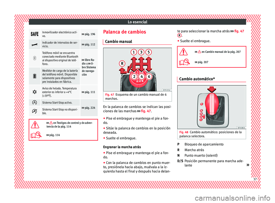 Seat Alhambra 2017 Manual de instrucciones (in Spanish) Lo esencial
Inmovilizador electrónico acti-
vo.›››
pág. 196
Indicador de intervalos de ser-
vicio.›››
pág. 112
Teléfono móvil se encuentra
conectado mediante Blu Seat Alhambra 2017 Manual de instrucciones (in Spanish) Lo esencial
Inmovilizador electrónico acti-
vo.›››
pág. 196
Indicador de intervalos de ser-
vicio.›››
pág. 112
Teléfono móvil se encuentra
conectado mediante Blu