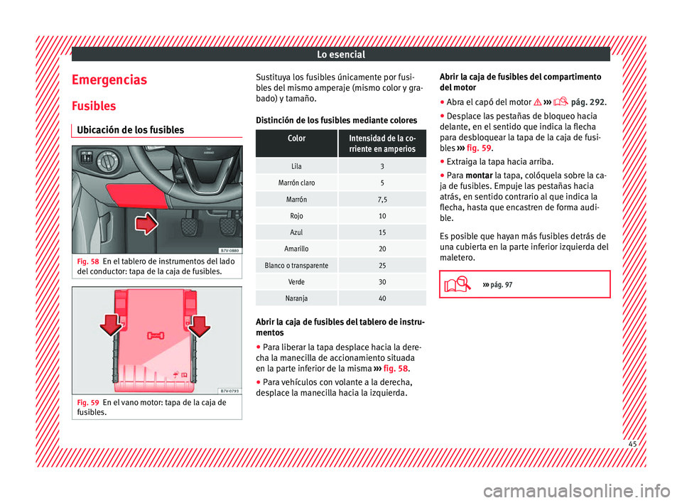 Seat Alhambra 2017 Manual de instrucciones (in Spanish) Lo esencial
Emergencias
F u
s
ibles
Ubicación de los fusibles Fig. 58
En el tablero de instrumentos del lado
del c
onduct
or: tapa de la caja de fusibles. Fig. 59
En el vano motor: tapa de la caja Seat Alhambra 2017 Manual de instrucciones (in Spanish) Lo esencial
Emergencias
F u
s
ibles
Ubicación de los fusibles Fig. 58
En el tablero de instrumentos del lado
del c
onduct
or: tapa de la caja de fusibles. Fig. 59
En el vano motor: tapa de la caja