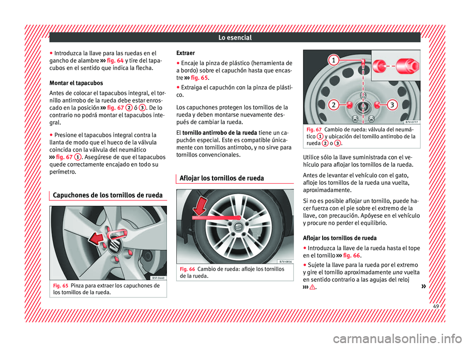 Seat Alhambra 2017 Manual de instrucciones (in Spanish) Lo esencial
● Intr oduz
c
a la llave para las ruedas en el
gancho de alambre ››› fig. 64 y tire del tapa-
cubos en el sentido que indica la flecha.
Montar el tapacubos
Antes de colocar el tap Seat Alhambra 2017 Manual de instrucciones (in Spanish) Lo esencial
● Intr oduz
c
a la llave para las ruedas en el
gancho de alambre ››› fig. 64 y tire del tapa-
cubos en el sentido que indica la flecha.
Montar el tapacubos
Antes de colocar el tap