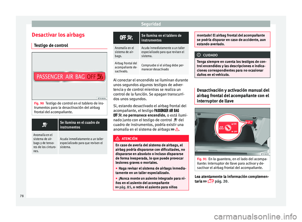 Seat Alhambra 2017 Manual de instrucciones (in Spanish) Seguridad
Desactivar los airbags Te
s
tigo de control Fig. 90
Testigo de control en el tablero de ins-
trument o
s
para la desactivación del airbag
frontal del acompañante.
Se ilumina en el cu Seat Alhambra 2017 Manual de instrucciones (in Spanish) Seguridad
Desactivar los airbags Te
s
tigo de control Fig. 90
Testigo de control en el tablero de ins-
trument o
s
para la desactivación del airbag
frontal del acompañante.
Se ilumina en el cu
