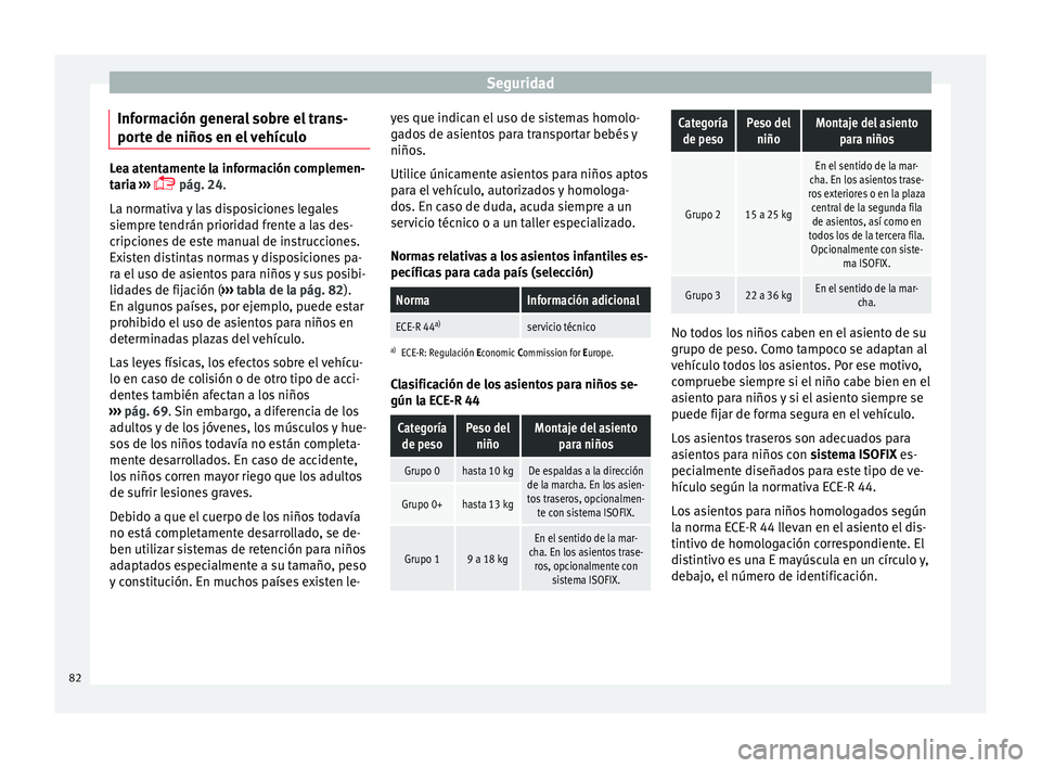 Seat Alhambra 2017 Manual de instrucciones (in Spanish) Seguridad
Información general sobre el trans-
por t
e de niño
s en el vehículoLea atentamente la información complemen-
tari
a
›››
pág. 24.
La normativa y las disposiciones legales
s Seat Alhambra 2017 Manual de instrucciones (in Spanish) Seguridad
Información general sobre el trans-
por t
e de niño
s en el vehículoLea atentamente la información complemen-
tari
a
›››
pág. 24.
La normativa y las disposiciones legales
s