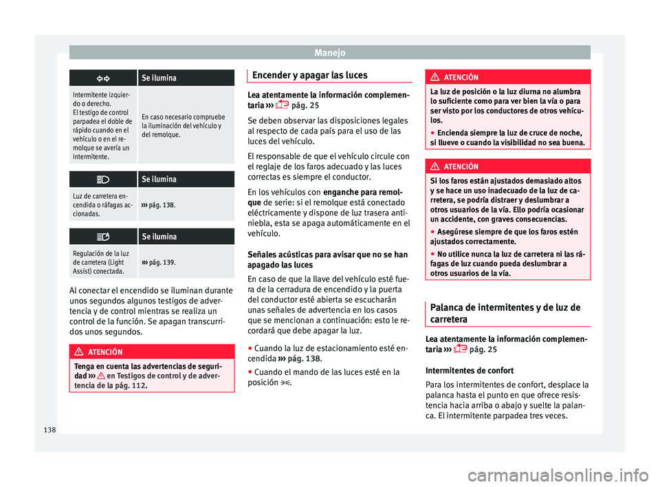 Seat Alhambra 2016 Manual de instrucciones (in Spanish) Manejo
Se ilumina
Intermitente izquier-
do o derecho.
El testigo de control
parpadea el doble de
rápido cuando en el
vehículo o en el re-
molque se avería un
intermitente.
En caso necesario comp Seat Alhambra 2016 Manual de instrucciones (in Spanish) Manejo
Se ilumina
Intermitente izquier-
do o derecho.
El testigo de control
parpadea el doble de
rápido cuando en el
vehículo o en el re-
molque se avería un
intermitente.
En caso necesario comp