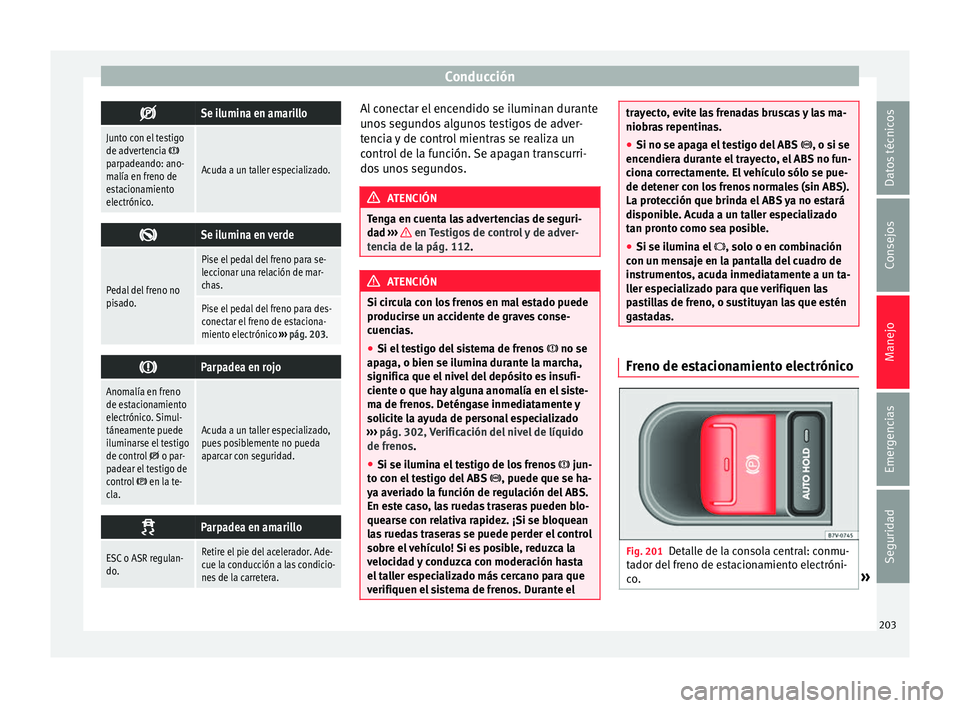 Seat Alhambra 2016 Manual de instrucciones (in Spanish) Conducción
Se ilumina en amarillo
Junto con el testigo
de advertencia parpadeando: ano-
malía en freno de
estacionamiento
electrónico.Acuda a un taller especializado.
Se ilumina en verde
Seat Alhambra 2016 Manual de instrucciones (in Spanish) Conducción
Se ilumina en amarillo
Junto con el testigo
de advertencia parpadeando: ano-
malía en freno de
estacionamiento
electrónico.Acuda a un taller especializado.
Se ilumina en verde