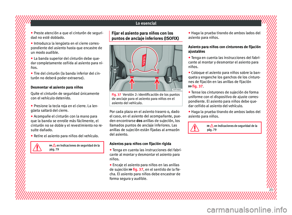 Seat Alhambra 2016  Manual de instrucciones (in Spanish) Lo esencial
● Pr e
s
te atención a que el cinturón de seguri-
dad no esté doblado.
● Introduzca la lengüeta en el cierre corres-
pondiente del a
 siento hasta que encastre de
un modo audible.
