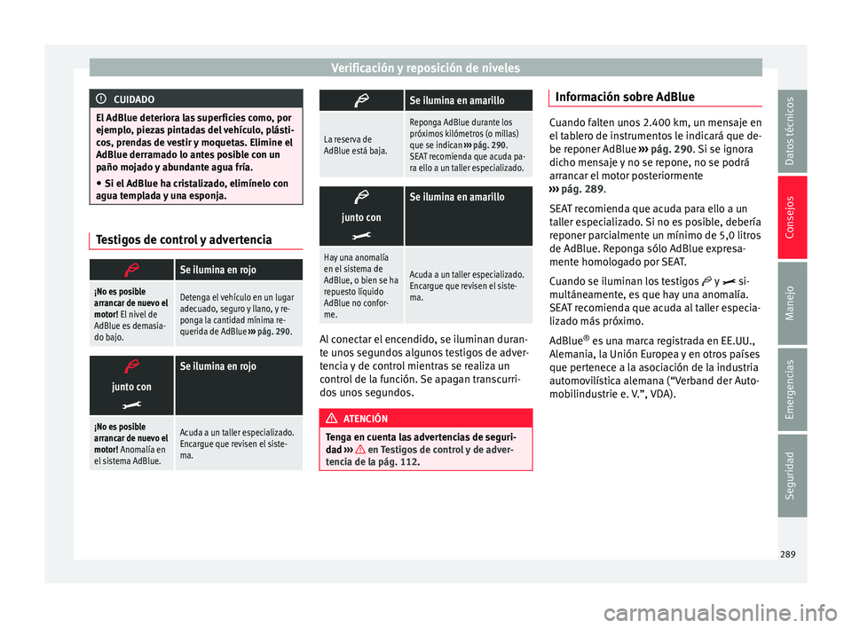 Seat Alhambra 2016 Manual de instrucciones (in Spanish) Verificación y reposición de niveles
CUIDADO
El AdBlue deteriora las superficies como, por
ejemp lo
, piezas pintadas del vehículo, plásti-
cos, prendas de vestir y moquetas. Elimine el
AdBlue der Seat Alhambra 2016 Manual de instrucciones (in Spanish) Verificación y reposición de niveles
CUIDADO
El AdBlue deteriora las superficies como, por
ejemp lo
, piezas pintadas del vehículo, plásti-
cos, prendas de vestir y moquetas. Elimine el
AdBlue der