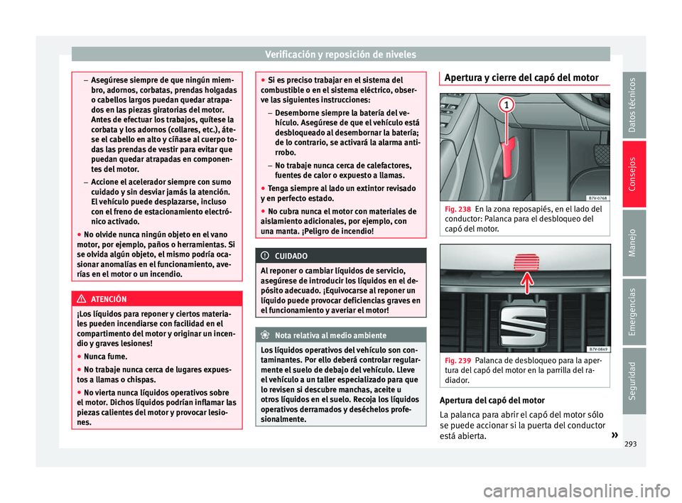 Seat Alhambra 2016 Manual de instrucciones (in Spanish) Verificación y reposición de niveles
–
Asegúr e
se siempre de que ningún miem-
bro, adornos, corbatas, prendas holgadas
o cabellos largos puedan quedar atrapa-
dos en las piezas giratorias del m Seat Alhambra 2016 Manual de instrucciones (in Spanish) Verificación y reposición de niveles
–
Asegúr e
se siempre de que ningún miem-
bro, adornos, corbatas, prendas holgadas
o cabellos largos puedan quedar atrapa-
dos en las piezas giratorias del m