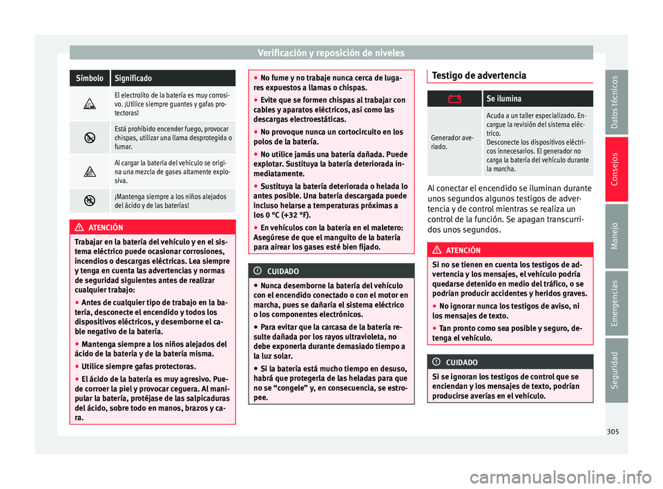 Seat Alhambra 2016 Manual de instrucciones (in Spanish) Verificación y reposición de nivelesSímboloSignificado
El electrolito de la batería es muy corrosi-
vo. ¡Utilice siempre guantes y gafas pro-
tectoras!
Está prohibido encender fuego, pro Seat Alhambra 2016 Manual de instrucciones (in Spanish) Verificación y reposición de nivelesSímboloSignificado
El electrolito de la batería es muy corrosi-
vo. ¡Utilice siempre guantes y gafas pro-
tectoras!
Está prohibido encender fuego, pro
