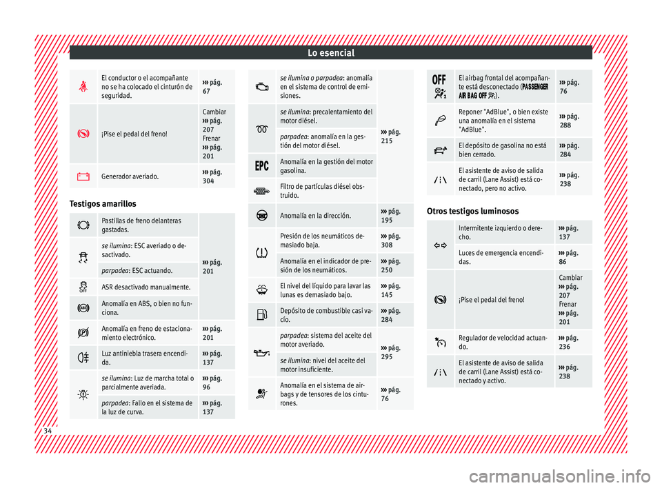 Seat Alhambra 2016  Manual de instrucciones (in Spanish) Lo esencial
El conductor o el acompañante
no se ha colocado el cinturón de
seguridad.››› 
pág. 
67 
¡Pise el pedal del freno!
Cambiar
›››  pág. 
207
Frenar
›››  pág. 
201