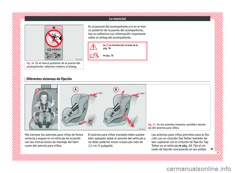 Seat Alhambra 2015 Manual de instrucciones (in Spanish) Lo esencial
Fig. 36
En el marco posterior de la puerta del
acomp añant
e: adhesivo relativo al airbag. En el parasol del acompañante y/o en el mar-
c
o po
s
terior de la puerta del acompañante,
ha Seat Alhambra 2015 Manual de instrucciones (in Spanish) Lo esencial
Fig. 36
En el marco posterior de la puerta del
acomp añant
e: adhesivo relativo al airbag. En el parasol del acompañante y/o en el mar-
c
o po
s
terior de la puerta del acompañante,
ha