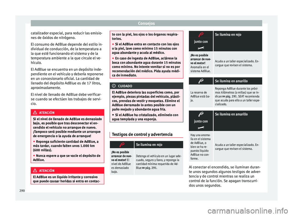 Seat Alhambra 2015 Manual de instrucciones (in Spanish) Consejos
catalizador especial, para reducir las emisio-
ne s
de óx
idos de nitrógeno.
El consumo de AdBlue depende del estilo in-
dividual de conducción, de la temperatura a
la que esté funcionan Seat Alhambra 2015 Manual de instrucciones (in Spanish) Consejos
catalizador especial, para reducir las emisio-
ne s
de óx
idos de nitrógeno.
El consumo de AdBlue depende del estilo in-
dividual de conducción, de la temperatura a
la que esté funcionan