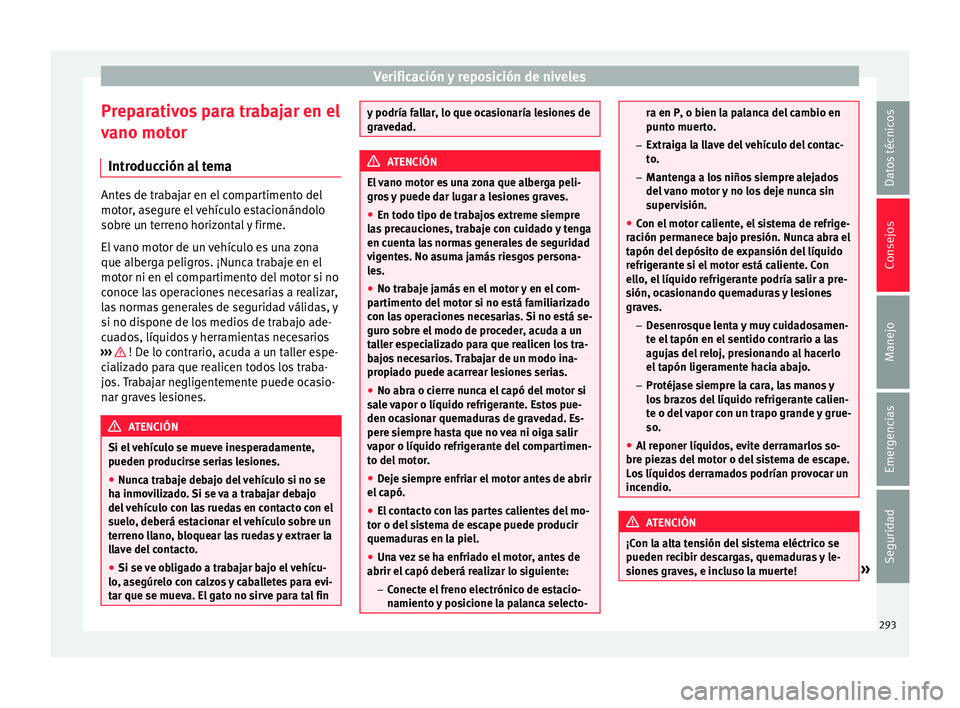 Seat Alhambra 2015 Manual de instrucciones (in Spanish) Verificación y reposición de niveles
Preparativos para trabajar en el
v ano mot
or
Intr
oducción al tema Antes de trabajar en el compartimento del
motor
, a
segure el vehículo estacionándolo
sob Seat Alhambra 2015 Manual de instrucciones (in Spanish) Verificación y reposición de niveles
Preparativos para trabajar en el
v ano mot
or
Intr
oducción al tema Antes de trabajar en el compartimento del
motor
, a
segure el vehículo estacionándolo
sob