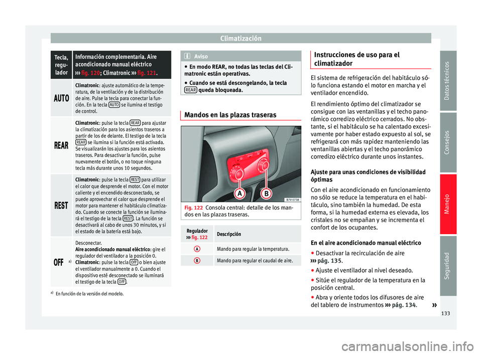 Seat Alhambra 2010 Manual de instrucciones (in Spanish) ClimatizaciónTecla,
regu-ladorInformación complementaria. Aire
acondicionado manual eléctrico
››› fig. 120; Climatronic ››› fig. 121.
Climatronic: ajuste automático de l Seat Alhambra 2010 Manual de instrucciones (in Spanish) ClimatizaciónTecla,
regu-ladorInformación complementaria. Aire
acondicionado manual eléctrico
››› fig. 120; Climatronic ››› fig. 121.
Climatronic: ajuste automático de l