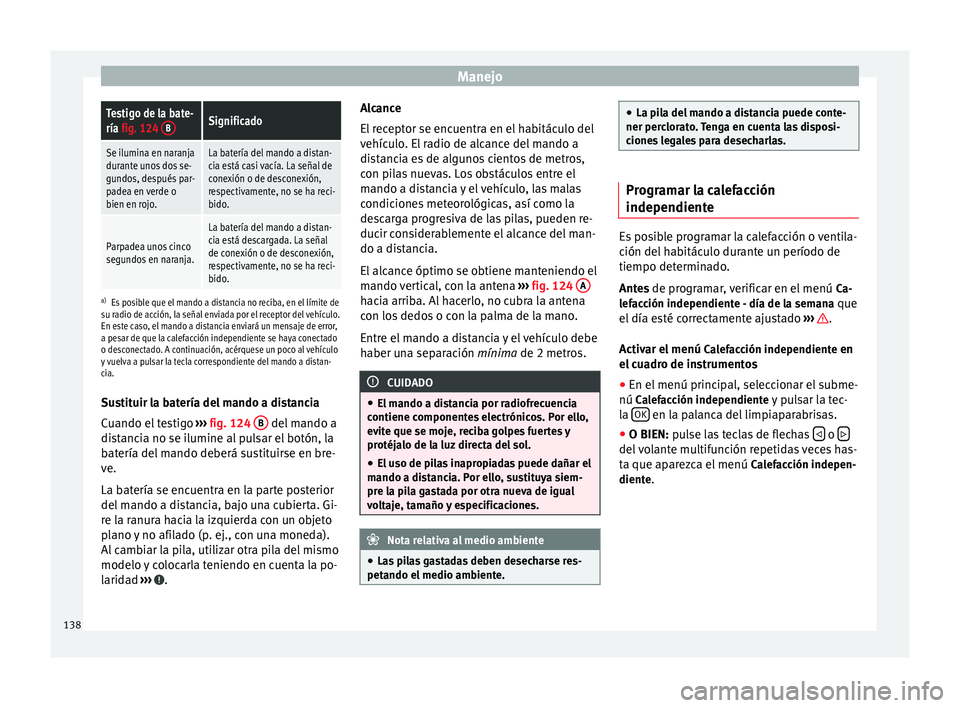Seat Alhambra 2010 Manual de instrucciones (in Spanish) ManejoTestigo de la bate-
ría fig. 124
BSignificado
Se ilumina en naranja
durante unos dos se-
gundos, después par-
padea en verde o
bien en rojo.La batería del mando a distan-
cia está casi vac Seat Alhambra 2010 Manual de instrucciones (in Spanish) ManejoTestigo de la bate-
ría fig. 124
BSignificado
Se ilumina en naranja
durante unos dos se-
gundos, después par-
padea en verde o
bien en rojo.La batería del mando a distan-
cia está casi vac