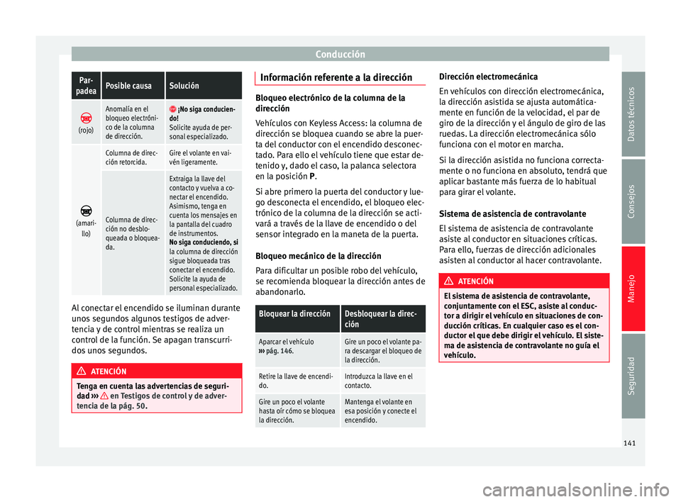 Seat Alhambra 2012  Manual de instrucciones (in Spanish) ConducciónPar-
padeaPosible causaSolución 
(rojo)
Anomalía en el
bloqueo electróni-
co de la columna
de dirección.  ¡No siga conducien-
do!
Solicite ayuda de per-
sonal especializado. 
