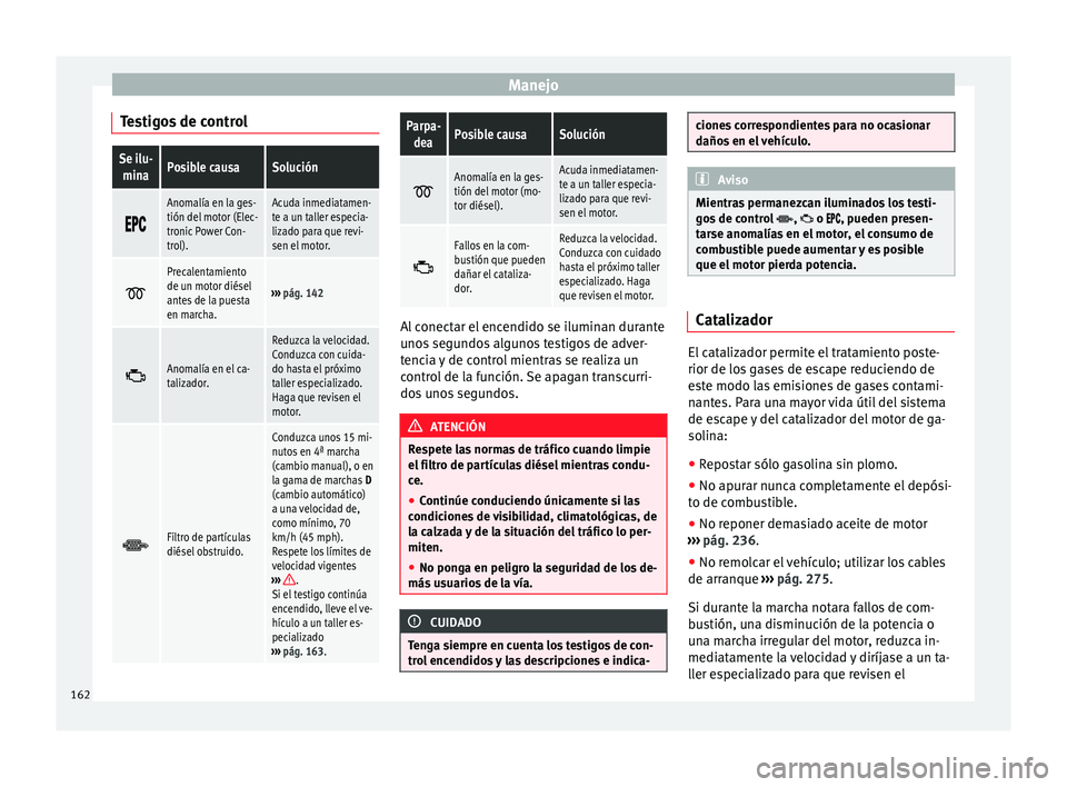 Seat Alhambra 2010 Manual de instrucciones (in Spanish) Manejo
Testigos de controlSe ilu- minaPosible causaSolución
Anomalía en la ges-
tión del motor (Elec-
tronic Power Con-
trol).Acuda inmediatamen-
te a un taller especia-
lizado para que r Seat Alhambra 2010 Manual de instrucciones (in Spanish) Manejo
Testigos de controlSe ilu- minaPosible causaSolución
Anomalía en la ges-
tión del motor (Elec-
tronic Power Con-
trol).Acuda inmediatamen-
te a un taller especia-
lizado para que r